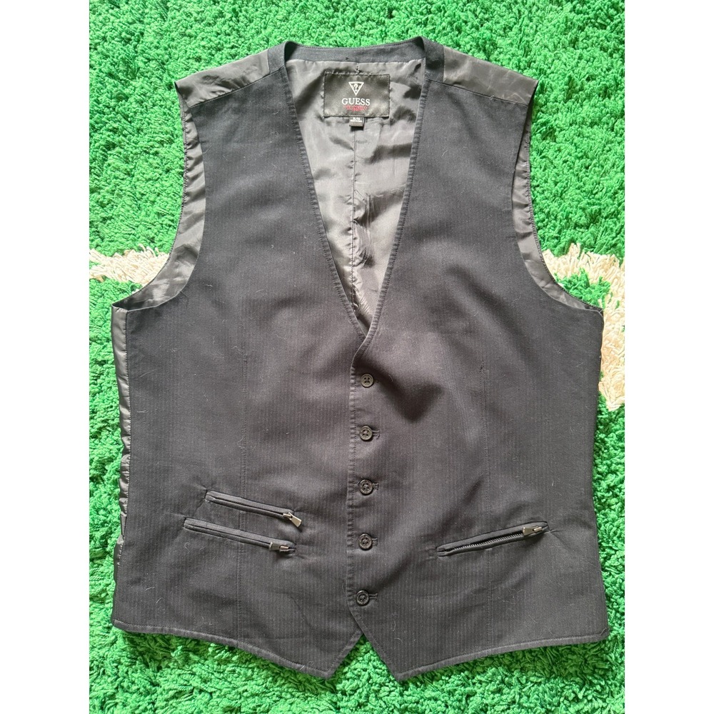 Guess Mens XL Black Herringbone Button Front Vest‎ Zipper Pockets X41N07W4E00